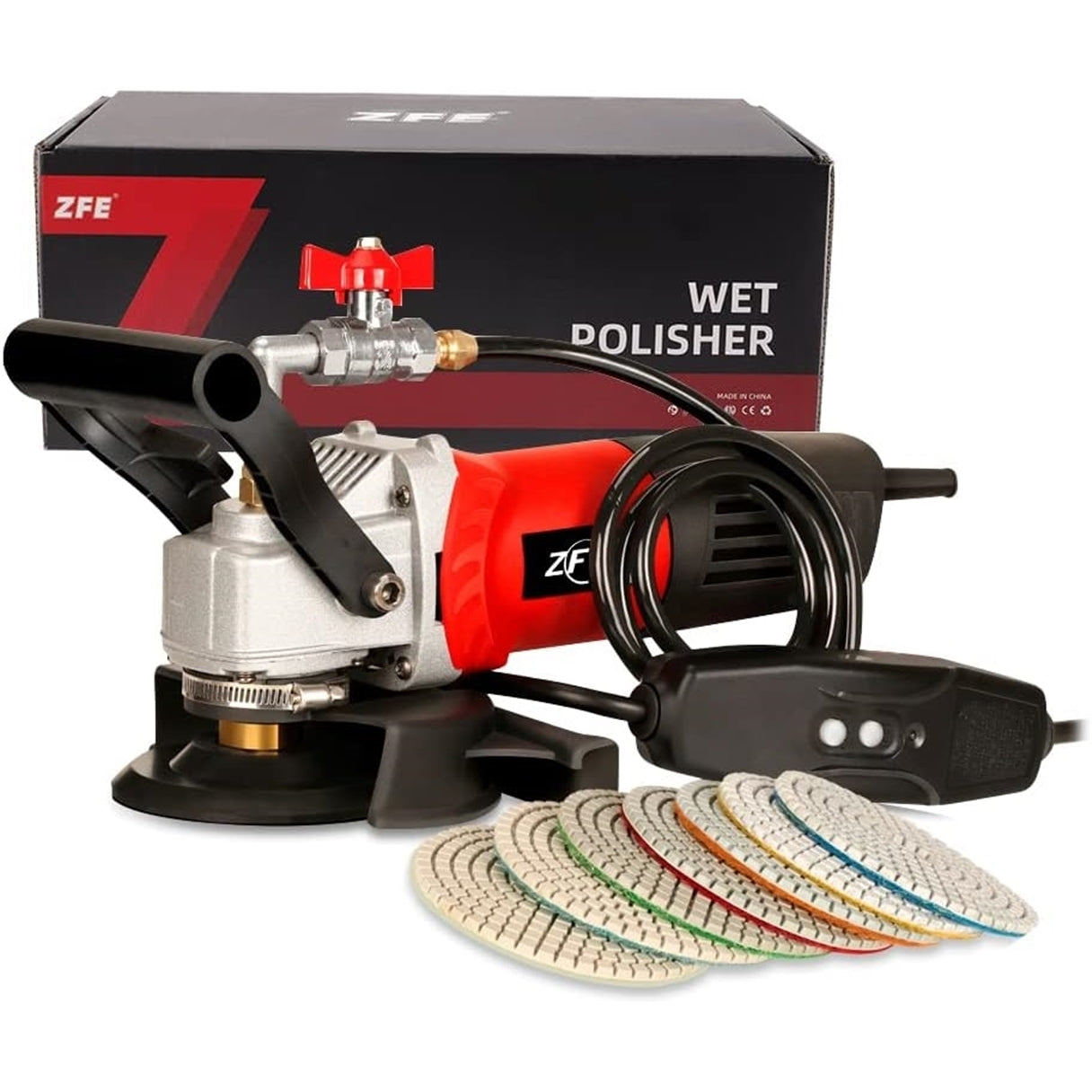 ZFE 800W/110V Variable Speed 4'' Wet Polisher / Grinder & Granite Stones, Red (New Open Box)