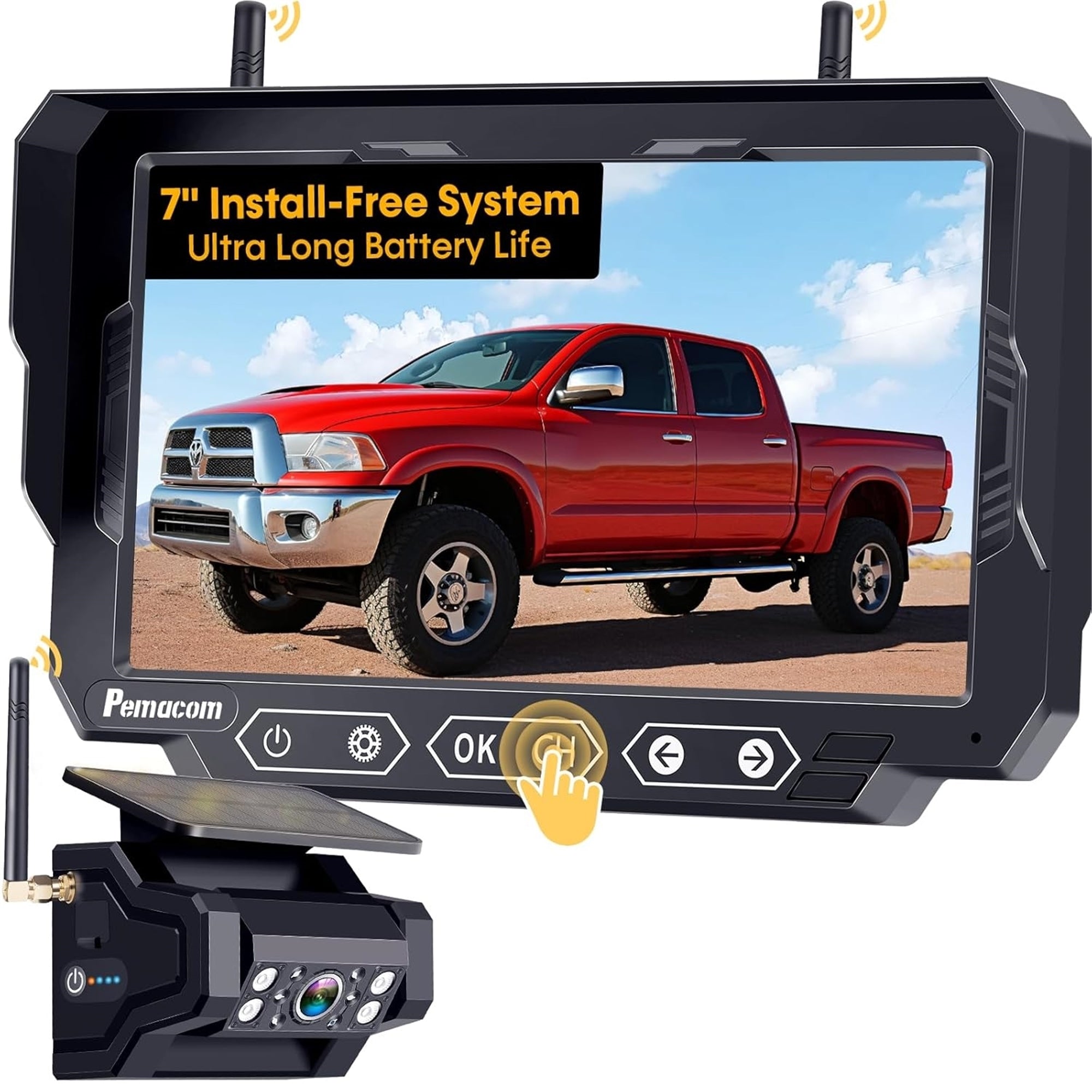 Pemacom P15 7" Magnetic Scratch-Proof Easy Install Night Vision Waterproof Portable Solar Backup