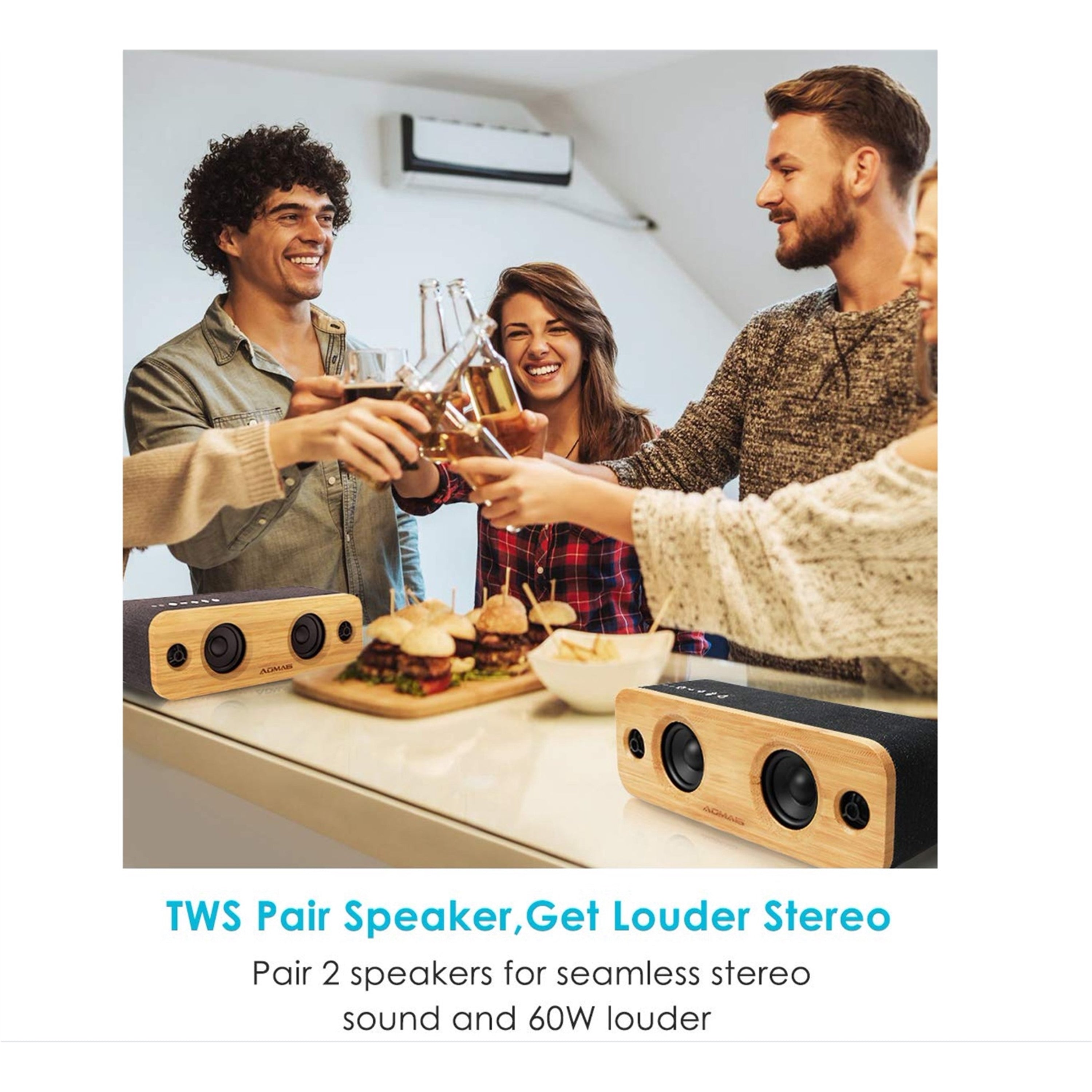 AOMAIS LIFE 30W Bluetooth Speakers, Loud Bamboo Wood Home Audio Wireless Speaker with Super Bass