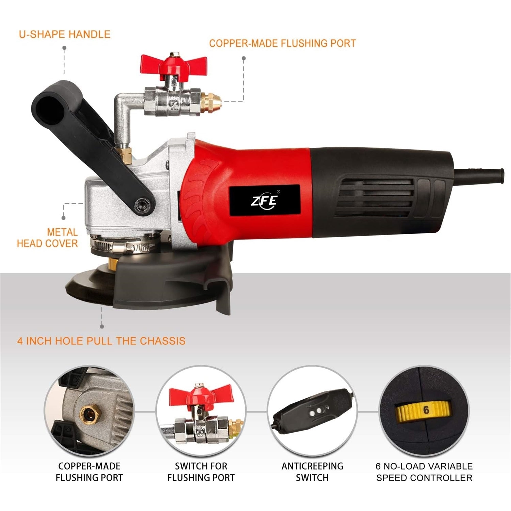 ZFE 800W/110V Variable Speed 4'' Wet Polisher / Grinder & Granite Stones, Red