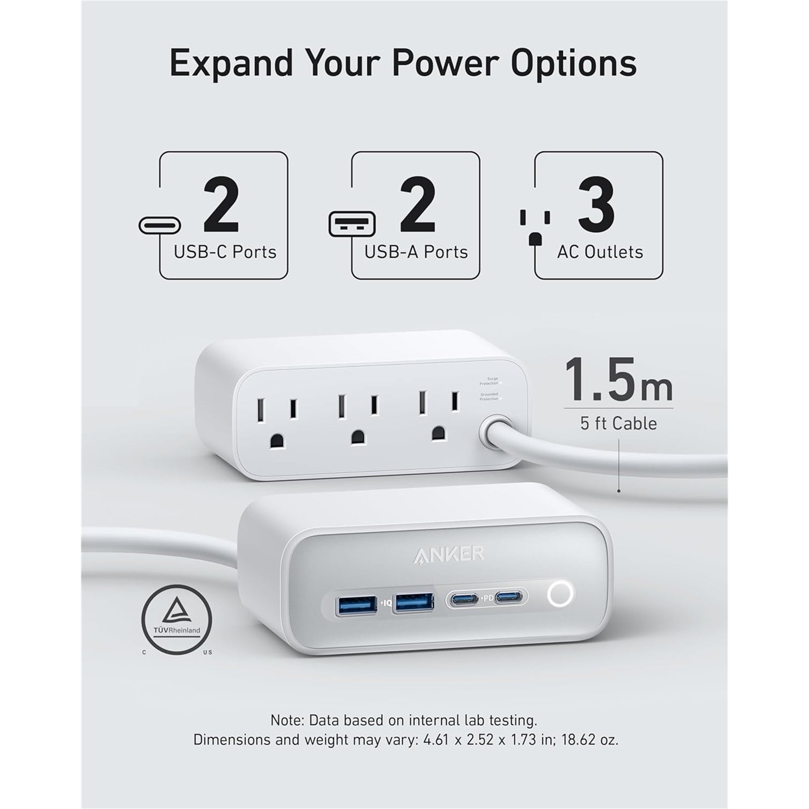 Anker A91C0-122 3-Outlet 1875W 5 ft. Cord Surge Protector, White (New Open Box)
